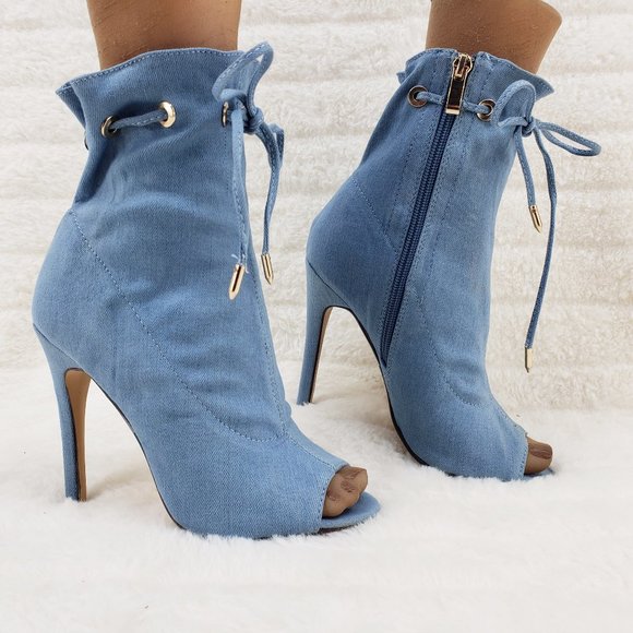 Denim Drawstring Open Toe High Heel Ankle Boots - Picture 8 of 9